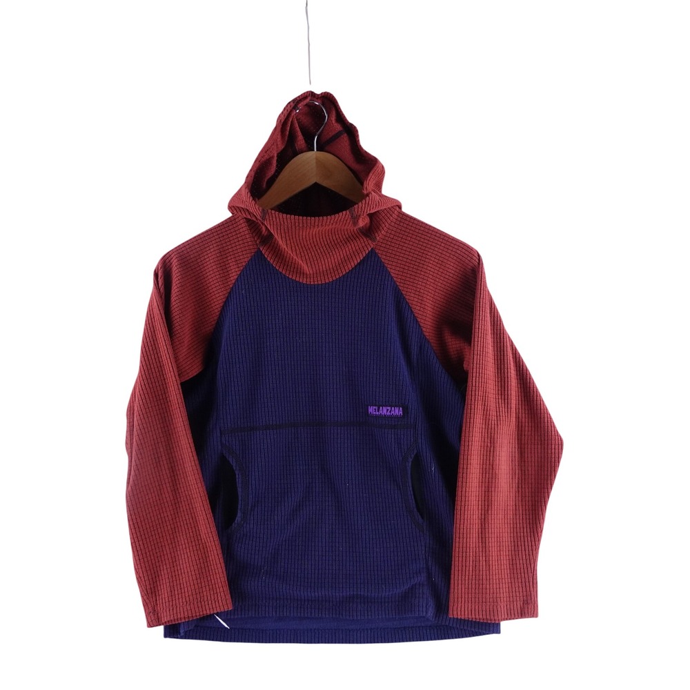 Melanzana Kids Large Microgrid Fleece Hoodie Blue Red Pullover Made in USA